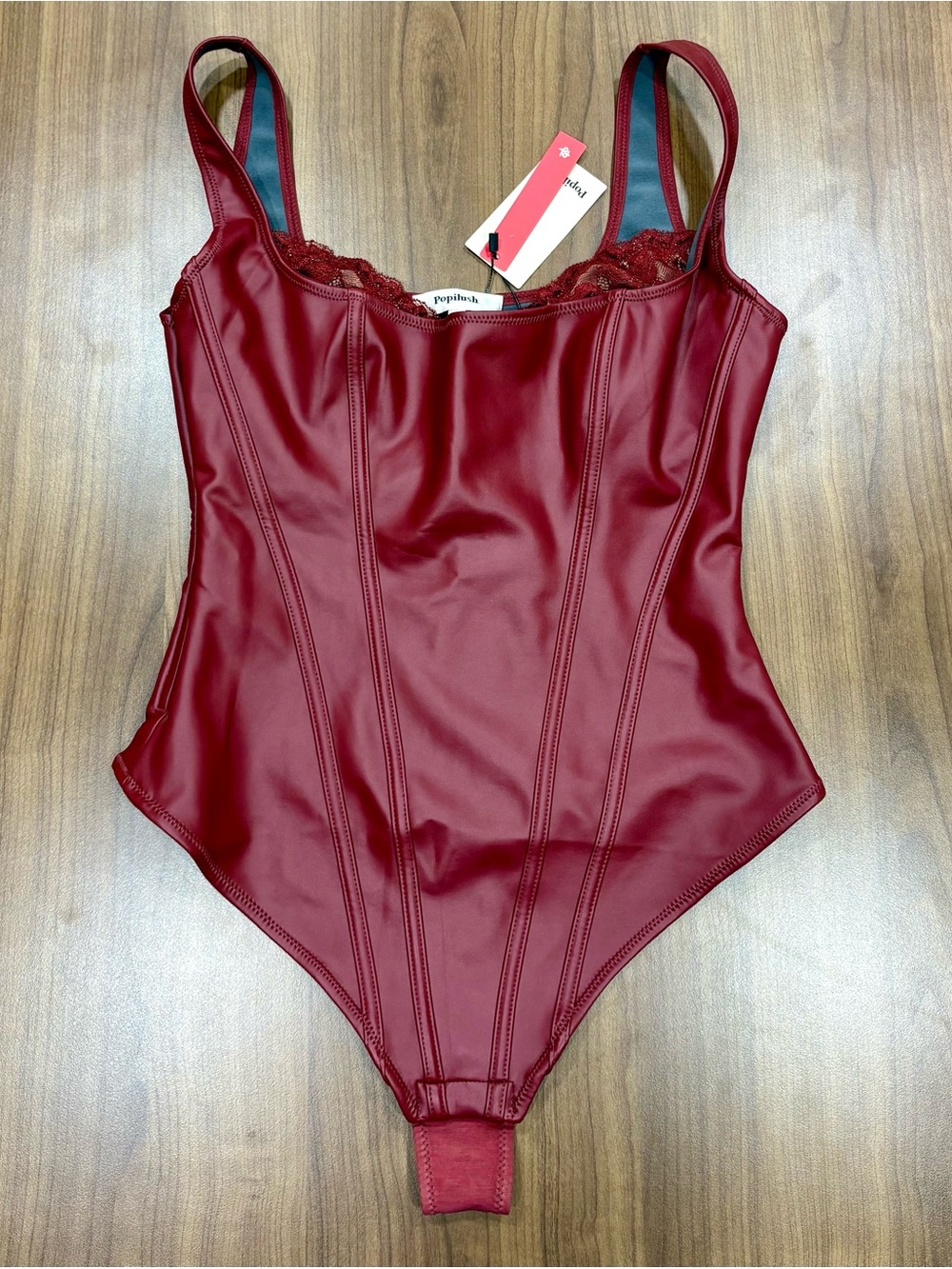 Popilush Faux Leather Lace Balconette Sculpting Bodysuit NWT Jujube Red L